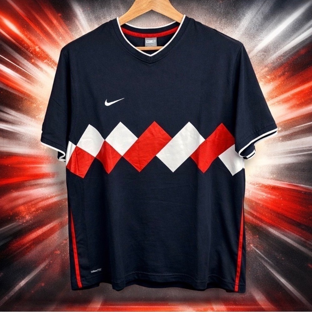 Nike FIT Mens XL Black Red White Diamond Pattern V-Neck Shirt